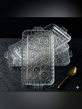 Set of 4 Vintage Depression Glass Rectangular Trays Geometric Circle Pattern